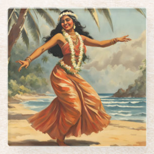 Hawaiianischer Reisender im Vintage-Stil Hula-Mädc Glasuntersetzer