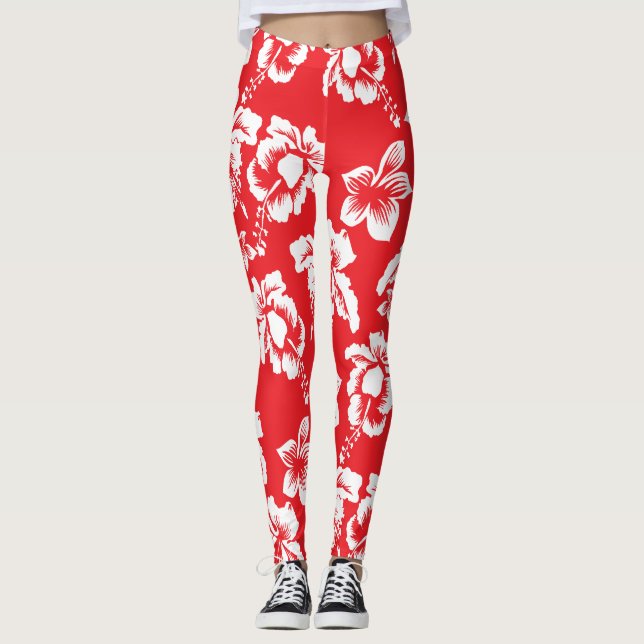 Hawaiianischer Roter Hibiskus Blumendruck Leggings (Vorderseite)