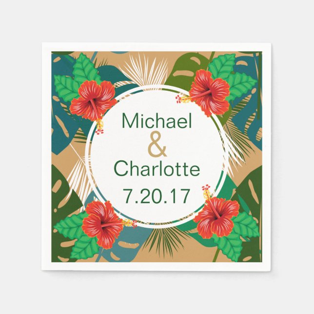 Hawaiianischer Roter Hibiskus Luau Bride & Groom N Serviette (Vorderseite)
