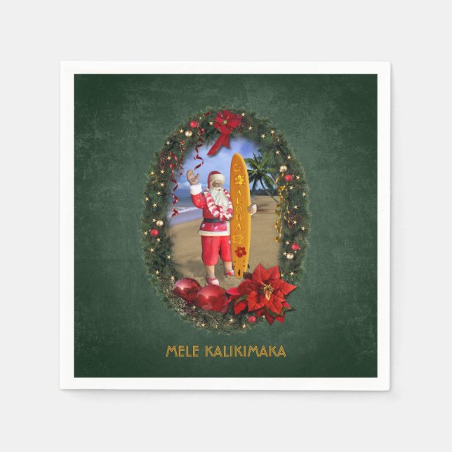 Hawaiianischer Santa mit Surfbrett am Strand Serviette (Vorderseite)