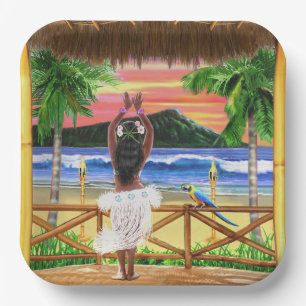 Hawaiianischer Sonnenuntergang-Hula-Tänzer Pappteller