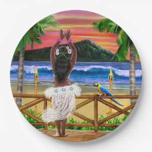 Hawaiianischer Sonnenuntergang-Hula-Tänzer Pappteller