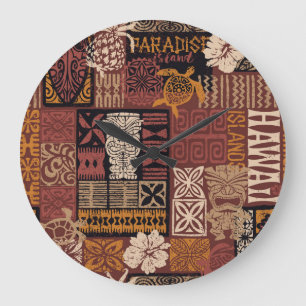 Hawaiianischer Stamm: Vintages Fabric-Patchwork Große Wanduhr