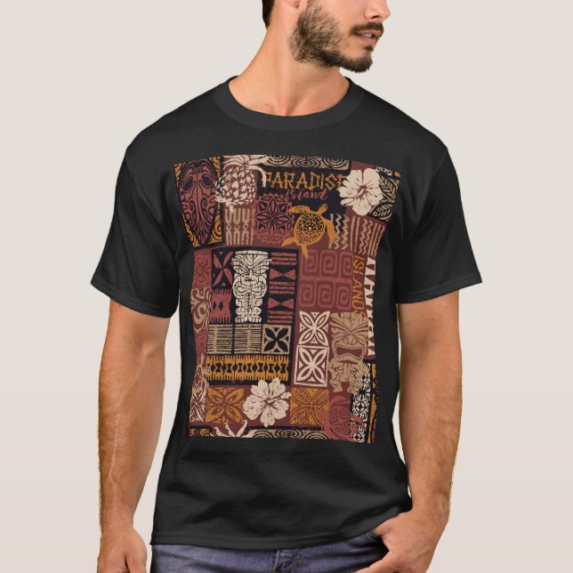 Hawaiianischer Stamm: Vintages Fabric-Patchwork T-Shirt (Vorderseite)