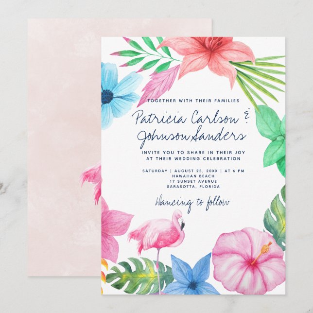 Hawaiianischer Strand Rosa Flamingo Blumen Hochzei Einladung (Vorne/Hinten)