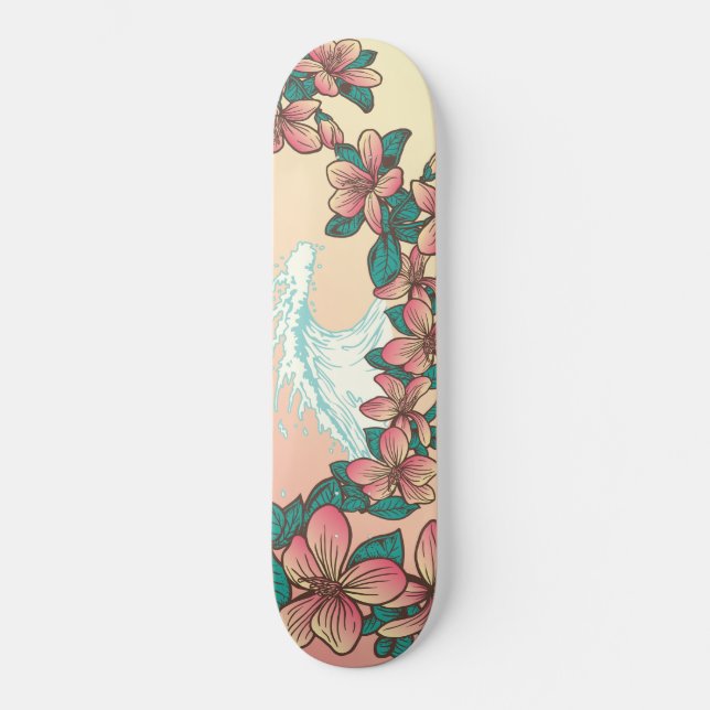 Hawaiianischer Surf Wave Hibiskus Blume Vintag Skateboard (Vorderseite)