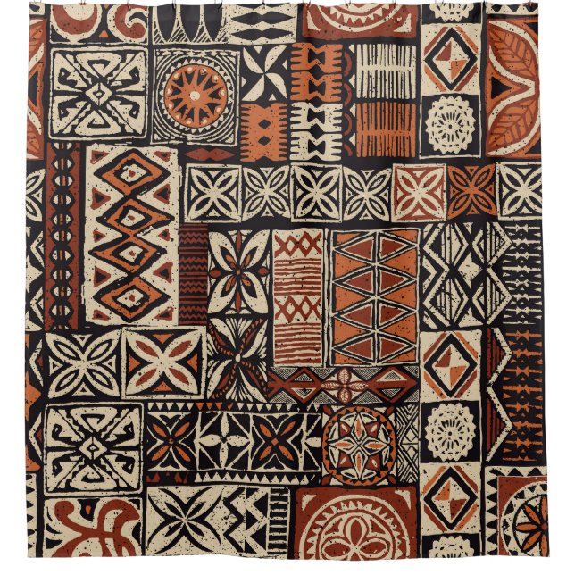 Hawaiianischer Tapa: Tribaler Patchwork Duschvorhang (Vorderseite)