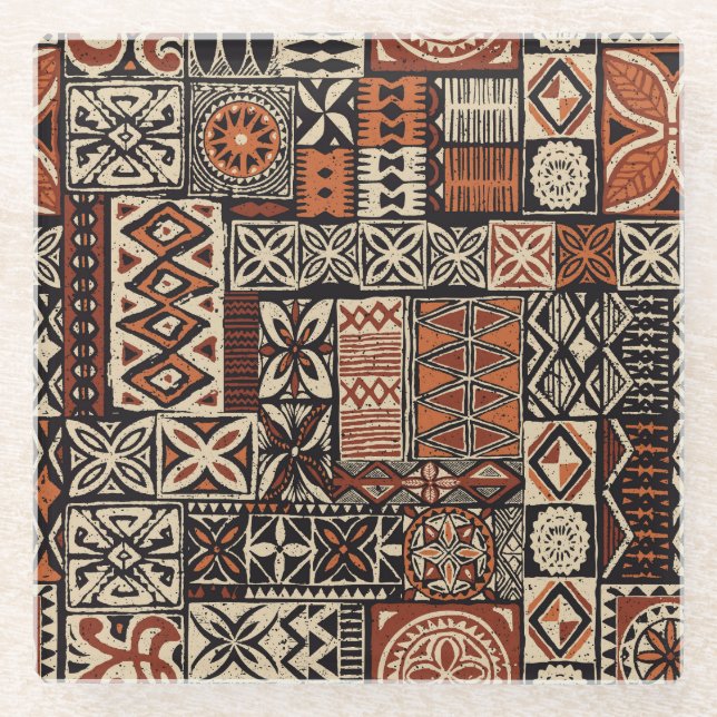 Hawaiianischer Tapa: Tribaler Patchwork Glasuntersetzer (Vorderseite)