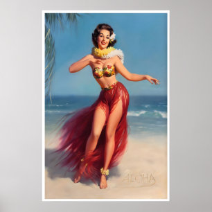 Hawaiianisches Hula-Mädchen-Druck Pin-Up-Art Vinta Poster