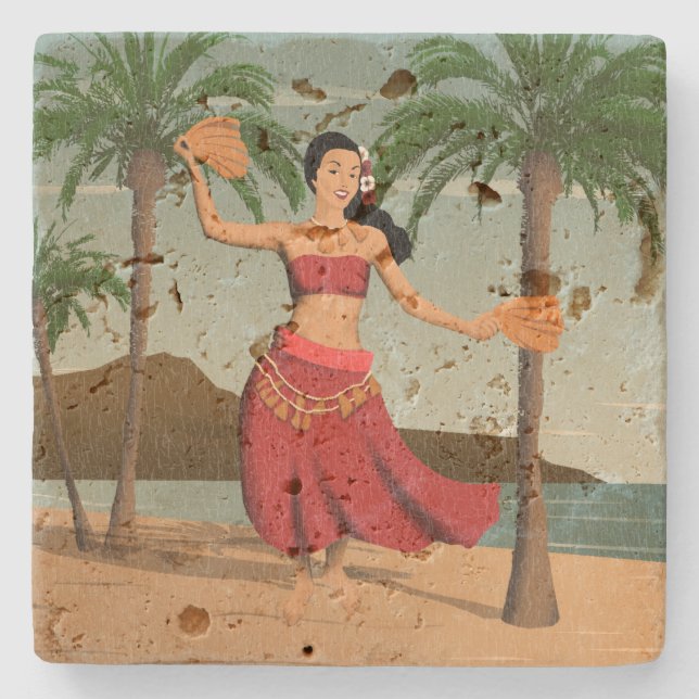 Hawaiianisches Vintages Hula-Girl Steinuntersetzer (Vorderseite)