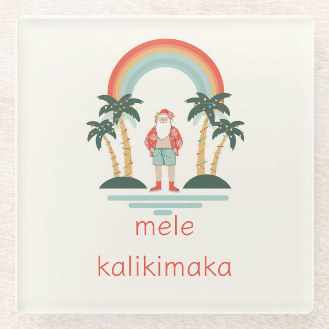 Hawaiisch/Regenbogen/Palmen Santa Glasuntersetzer (Vorderseite)
