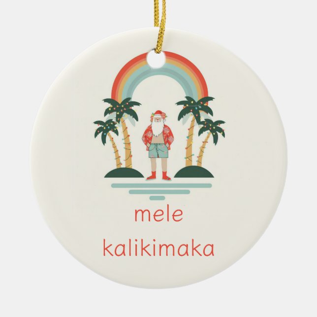 Hawaiisch/Regenbogen/Palmen Santa Keramik Ornament (Vorne)