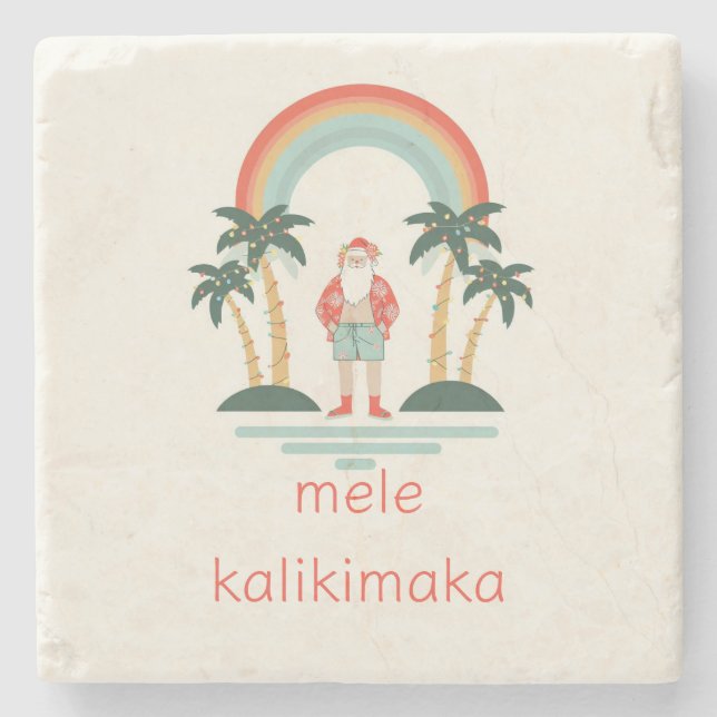 Hawaiisch/Regenbogen/Palmen Santa Steinuntersetzer (Vorderseite)