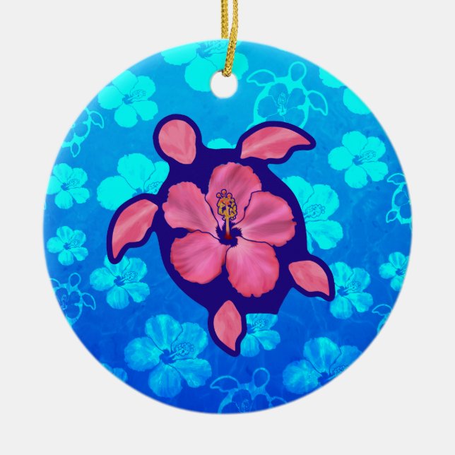 Hawaiische Honu Schildkröte und Hibiskus Keramikornament (Vorne)