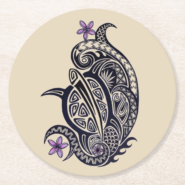 Hawaiische Stammes- Honu Runder Pappuntersetzer (Vorderseite)