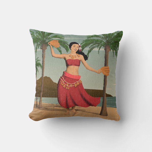 Hawaiische Vintage Hula Mädchen-beunruhigte Kissen (Vorderseite)