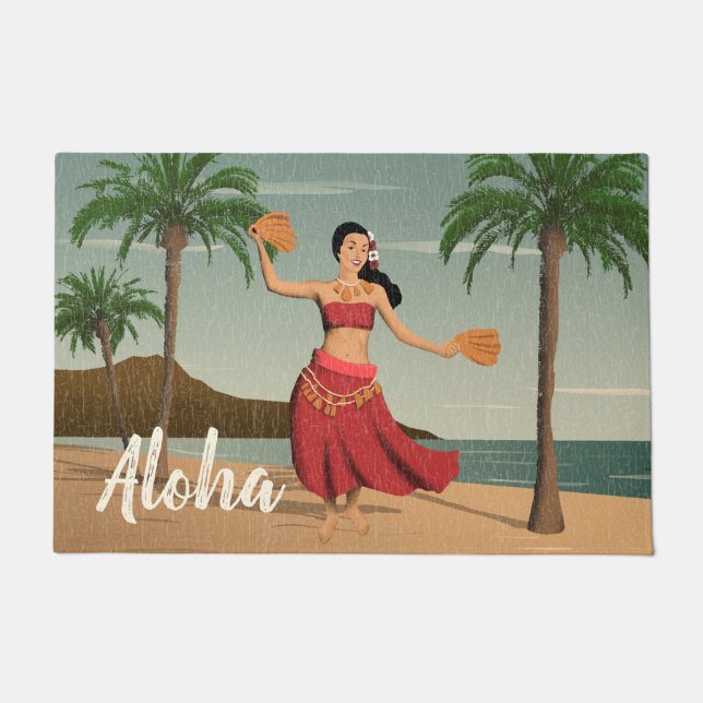 Hawaiische Vintage Hula Mädchen-Postkarte Aloha Fußmatte (Vorderseite)