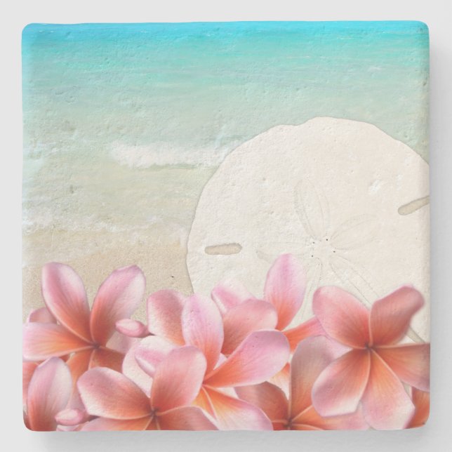 Hawaiischer Plumeria und Sand-Dollar-Stone-Unterse Steinuntersetzer (Vorderseite)