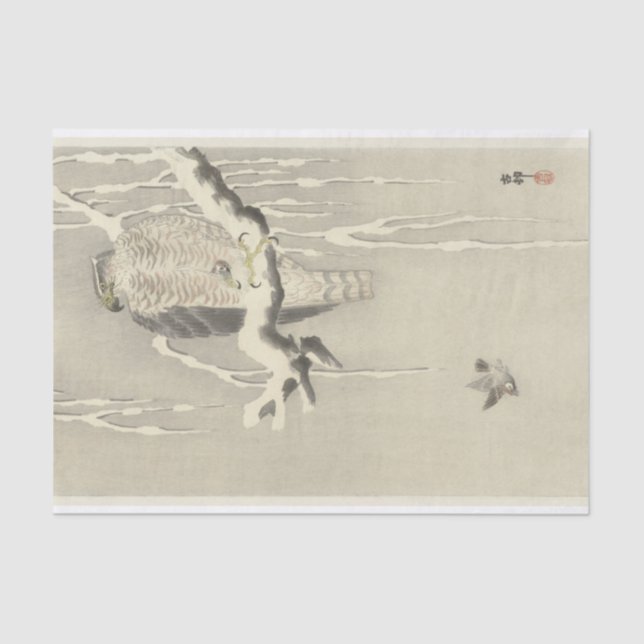 Hawk mit Captive Tree Sparrow von Ohara Koson Seidenpapier (Vorderseite)