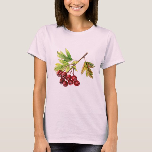 Hawthorn botanischer Herbstbeeren der feinen Kunst T-Shirt (Vorderseite)
