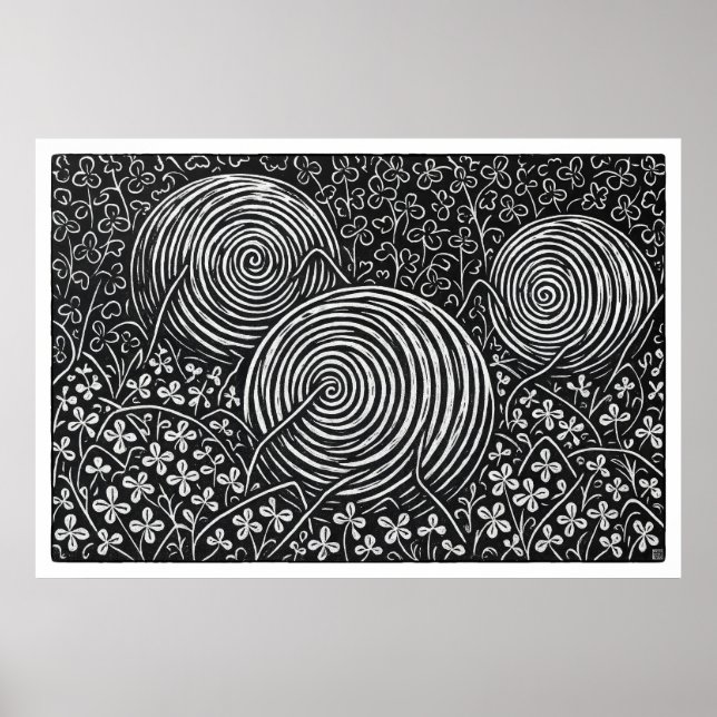 Hay Bales And Clover Large Linocut Print Poster (Vorne)