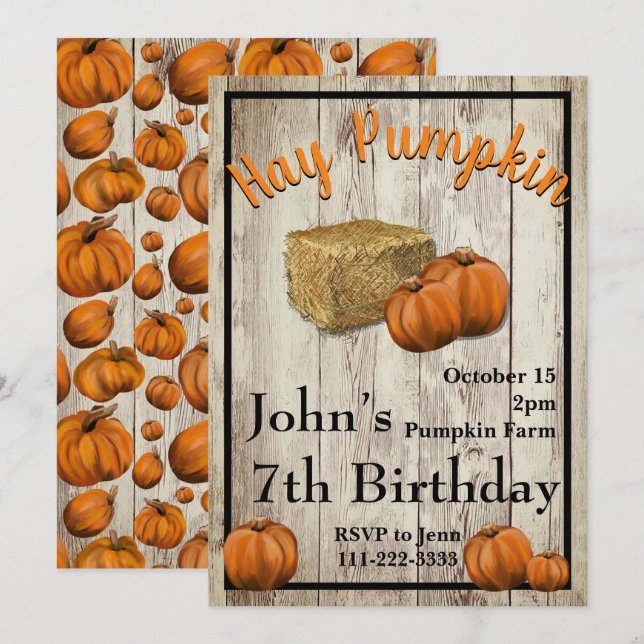Hay Pumpkin Fall Geburtstagsparty Einladung (Vorne/Hinten)