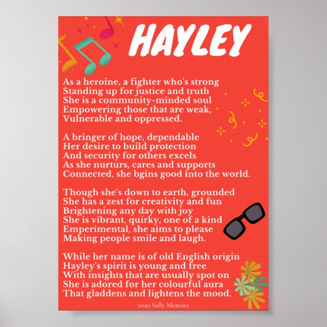 "Hayley" Name Gedicht Poster (Vorne)
