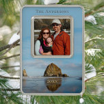 Haystack Rock Family Foto Cannon Beach Weihnachten Rahmen-Ornament Silber<br><div class="desc">Haystack Rock Family Foto Cannon Beach Weihnachtsschmuck. Passen Sie mit Ihrem Lieblings-Foto,  Ihrem Namen und dem Jahr an.</div>