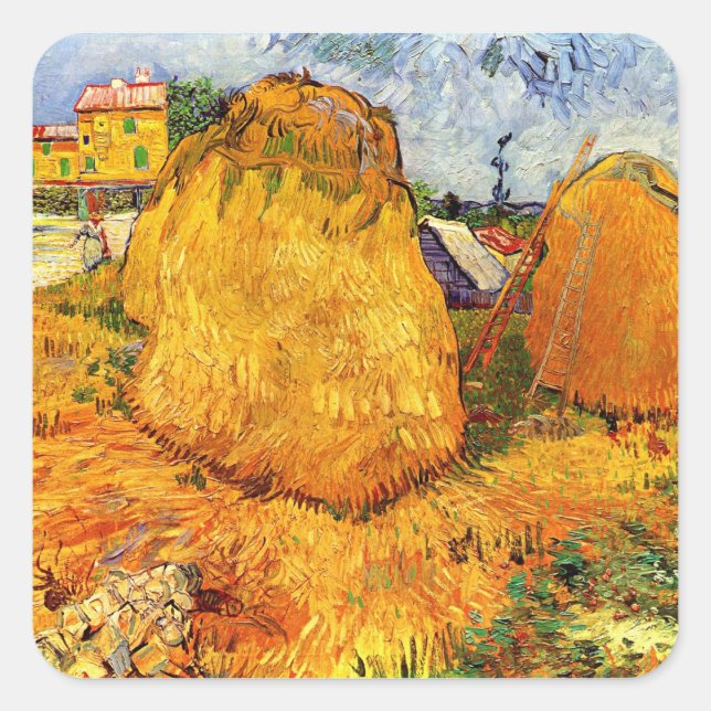 Haystacks in der Provence von Vincent van Gogh Quadratischer Aufkleber (Vorderseite)
