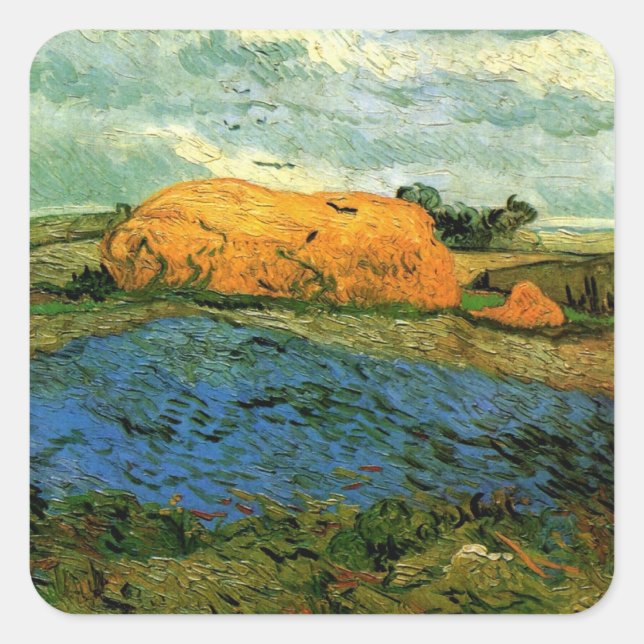 Haystacks Under a Rainy Sky von Vincent van Gogh Quadratischer Aufkleber (Vorderseite)