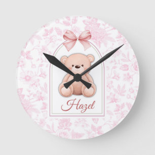 Hazel Benutzerdefiniertes rosa Teddy-Bär-Kinderz Runde Wanduhr