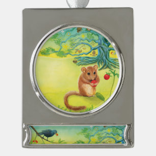 Hazel Dormouse Eating Wild Strawberry Banner-Ornament Silber