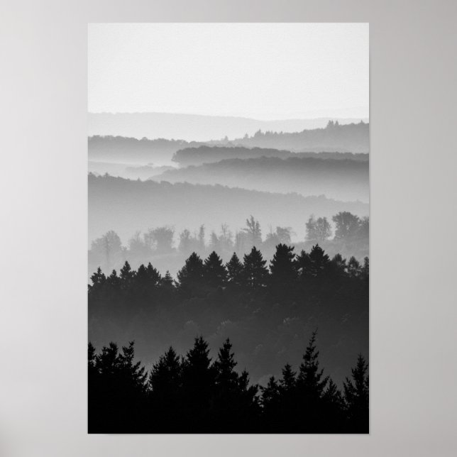 Hazy Forest Hills Schwarz-Weiß Landschaft Foto Poster (Vorne)