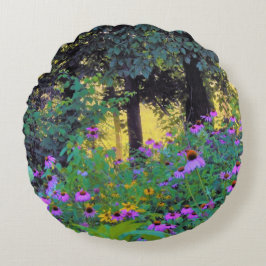 Hazy Morning Sonnenaufgang in meinem Rubio-Garten Rundes Kissen