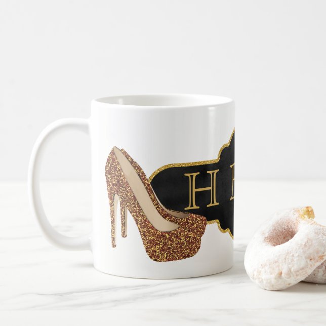 HBIC Chef-Dame| Chic-Schwarz-GoldGlitzer-Schuhe Kaffeetasse (Mit Donut)