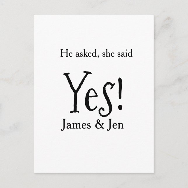 He asked she said yes engagement party name simple postkarte (Vorderseite)