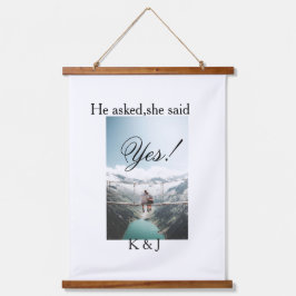 He asked she said yes engagement photo name stylis wandteppich mit holzrahmen