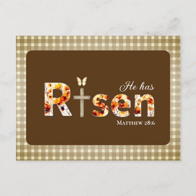 He has RISEN Bible Verse Brown Religious Easter  Postkarte (Vorderseite)