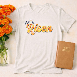 He Is Risen Cross Orange Floral Lettering Easter Tri-Blend Shirt