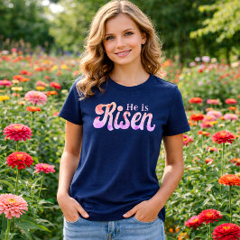 He Is Risen Floral Easter Font on Navy Christian Tri-Blend Shirt