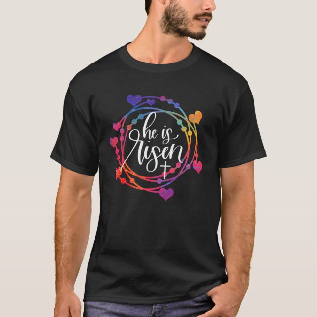 He is Risen Jesus Christian Happy Easter Heart Wre T-Shirt (Vorderseite)