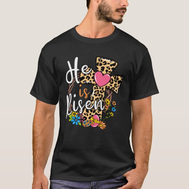 He is Risen Leopard Cross Bunny Happy Easter 2023  T-Shirt (Vorderseite)