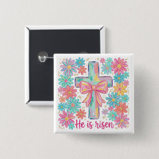 "He is risen" Religious Cross Easter Button