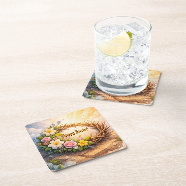 He Is Risen Religious Floral Crown of Thorns Rechteckiger Pappuntersetzer (Vor Ort)