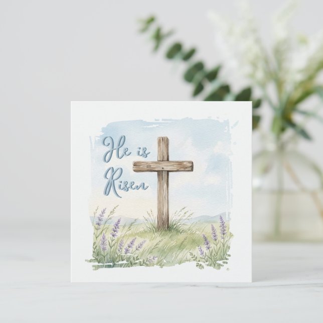 He Is Risen Watercolor Easter Cross Greeting Karte (Stehend Vorderseite)