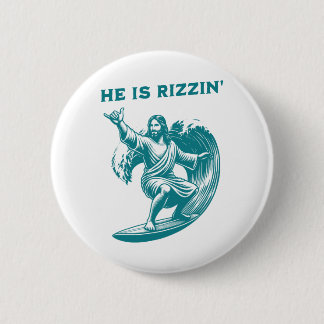 He Is Rizzin Jesus Surfing Funny Retro Easter Vint Button