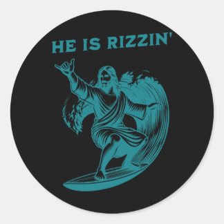 He Is Rizzin Jesus Surfing Funny Retro Easter Vint Runder Aufkleber