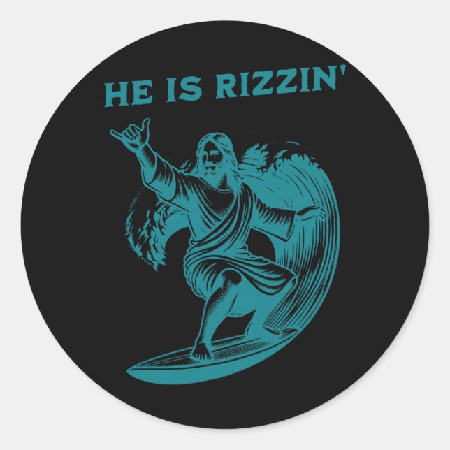 He Is Rizzin Jesus Surfing Funny Retro Easter Vint Runder Aufkleber (Vorderseite)