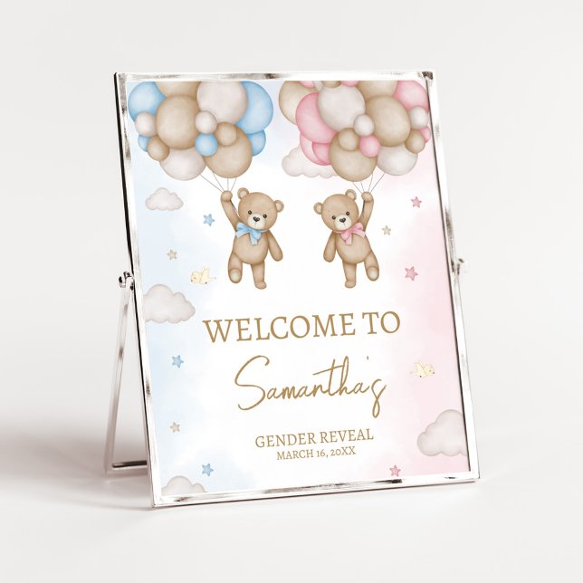 He or She Bear Gender Reveal Welcome Sign Poster (Bear Balloon He or She Gender Reveal Welcome Sign)