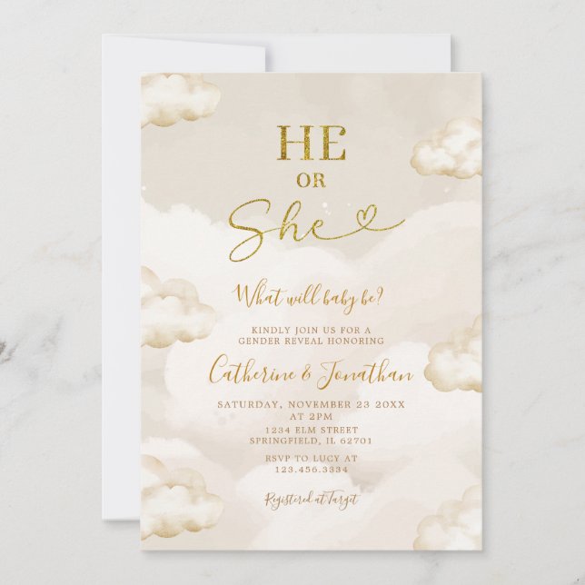He Or She Boho Beige Clouds Gold Gender Reveal Einladung (Vorderseite)